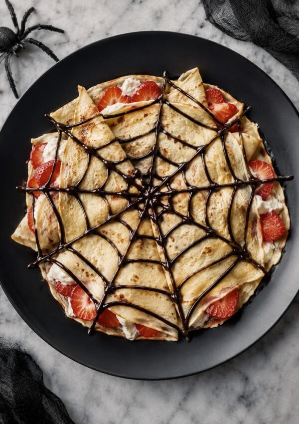 A stack of crepes filled with strawberries and cream is decorated with chocolate in a spider web pattern. A fake spider and black fabric add a spooky touch, making this one of the perfect Halloween Breakfast Ideas and a fun addition to your collection of Fall Recipes.