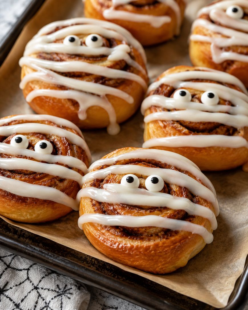 Six cinnamon rolls decorated with white icing to look like mummy wrappings, each topped with two candy eyes, are arranged on a parchment-lined baking tray.