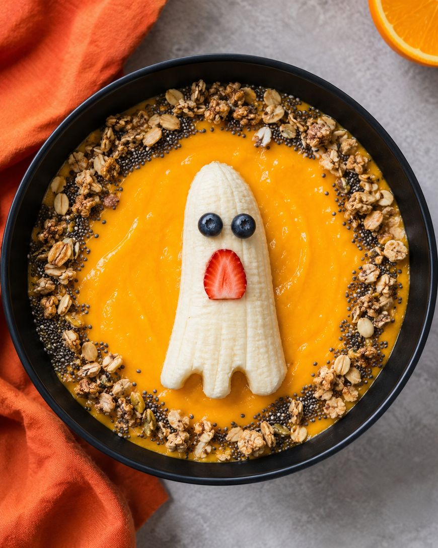 A smoothie bowl with orange puree, topped with banana shaped like a ghost, with blueberry eyes and a strawberry mouth. Granola and seeds are sprinkled around the edge.
