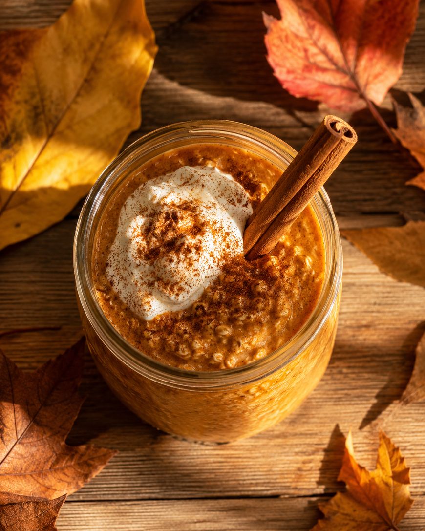 A jar of pumpkin oatmeal topped with whipped cream, cinnamon, and a cinnamon stick, surrounded by colorful autumn leaves on a wooden surface.