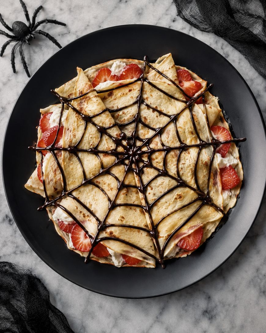 A plate of folded crepes filled with strawberries and cream, decorated with a chocolate spiderweb pattern on top. A fake spider and black mesh fabric add a Halloween theme.