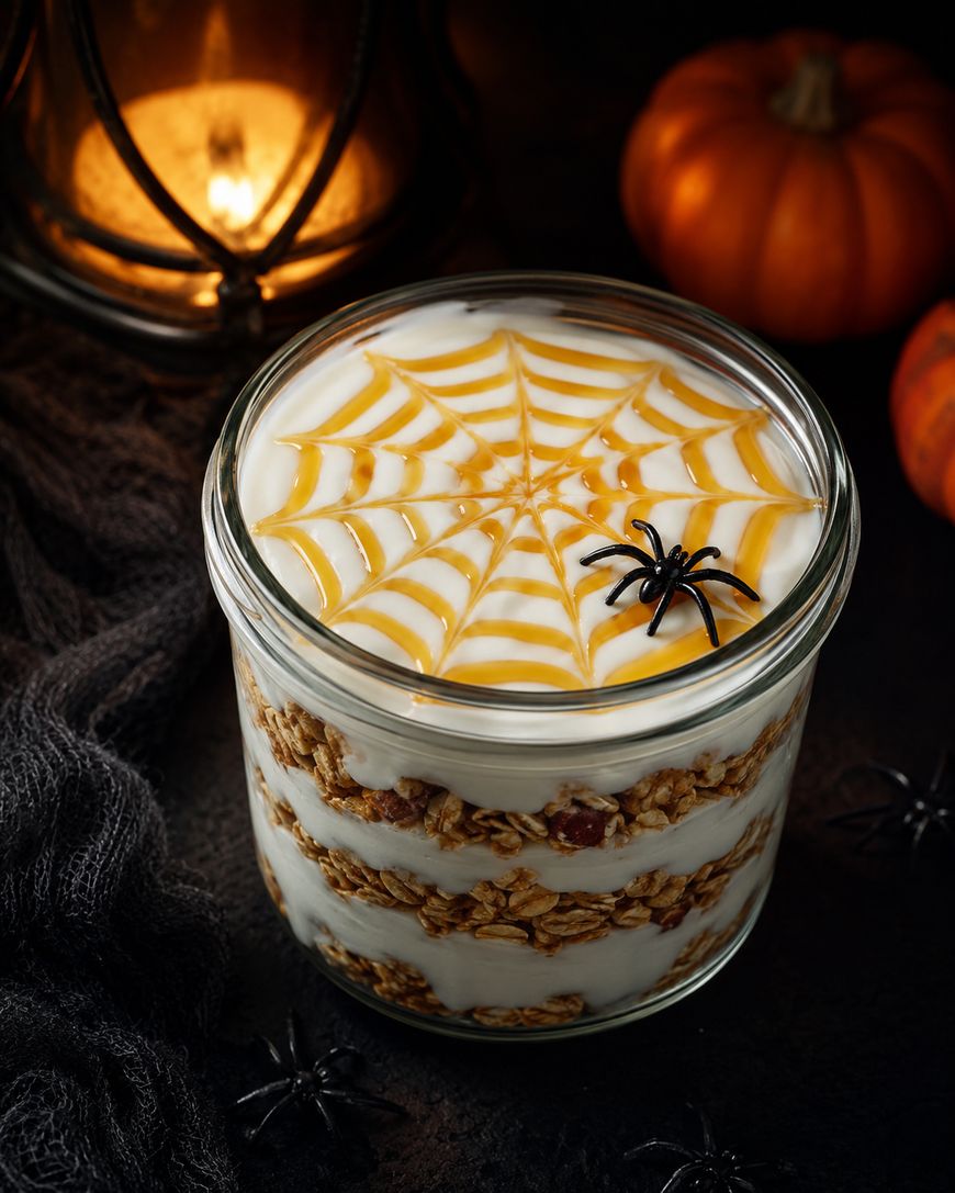 A layered granola and yogurt parfait in a jar, topped with caramel webbing and a plastic spider. A lit lantern, pumpkins, and dark fabric create a Halloween-themed atmosphere.