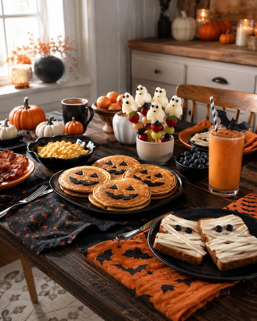A festive Halloween breakfast spread with pumpkin pancakes, ghost-shaped fruit skewers, mummy toast, bacon, eggs, fruit, juice, and pumpkin decorations on a rustic wooden table.