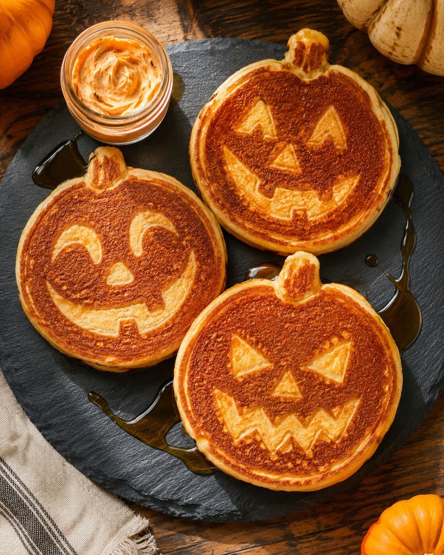 Three pumpkin-shaped pancakes with jack-o’-lantern faces sit on a black plate with syrup. A small jar of whipped butter is nearby, alongside pumpkins and a striped napkin on a wooden table.