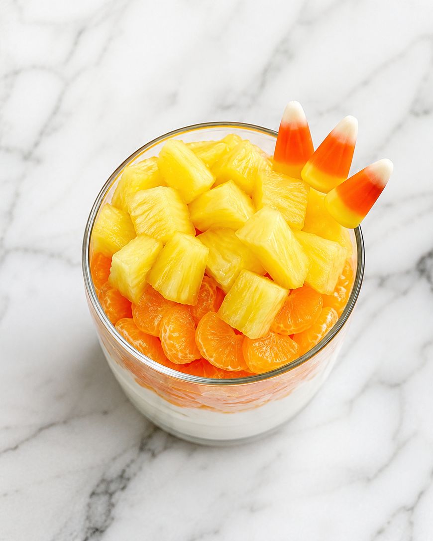 A glass filled with layers of white yogurt, mandarin orange segments, pineapple chunks, and three pieces of candy corn on top, placed on a white marble surface.