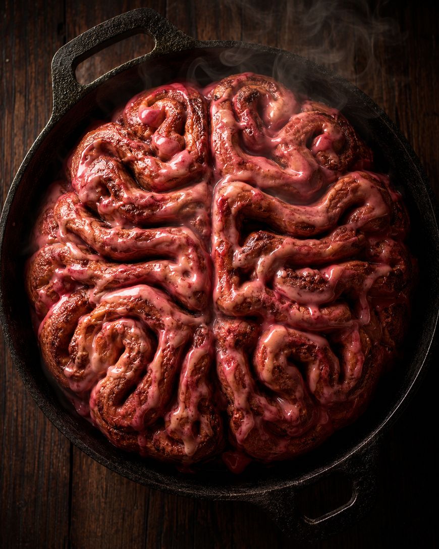 A round cast-iron pan holds cinnamon rolls arranged and decorated with pink icing to resemble a brain, with steam rising from the freshly baked bread on a rustic wooden surface.
