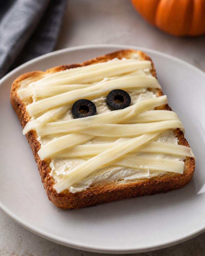 A slice of toast topped with cream cheese, strips of cheese arranged like mummy bandages, and two black olive slices as eyes, creating a fun Halloween-themed snack.