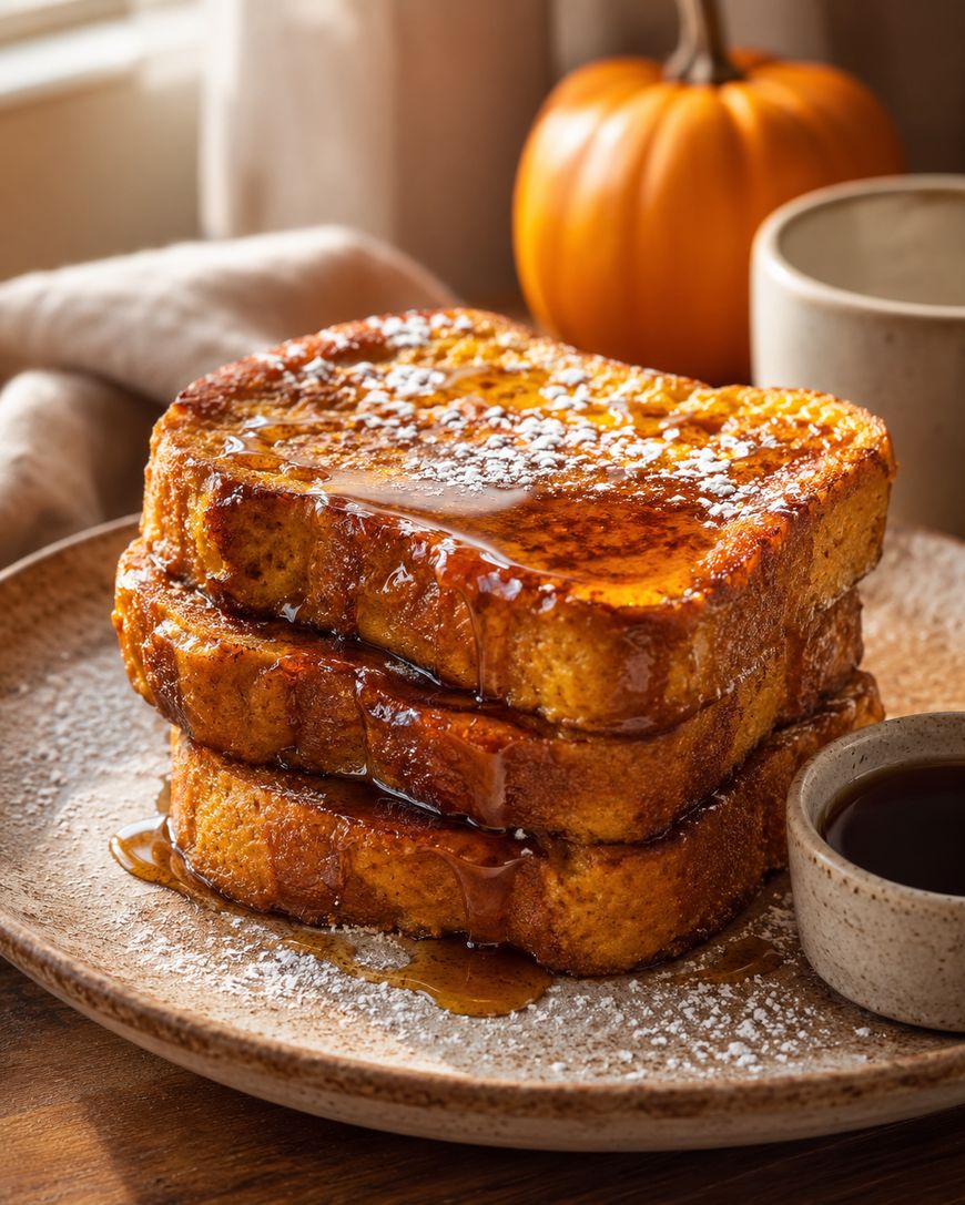 Three thick slices of French toast stacked on a plate, drizzled with syrup and dusted with powdered sugar, with a small bowl of syrup, a mug, and a pumpkin in the background.