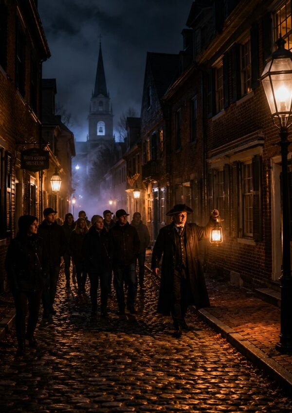 A group walks along a cobblestone street at night—one of the best spooky things to do for your Halloween bucket list—led by a man holding a lantern; old brick buildings and a misty church steeple appear in the background.