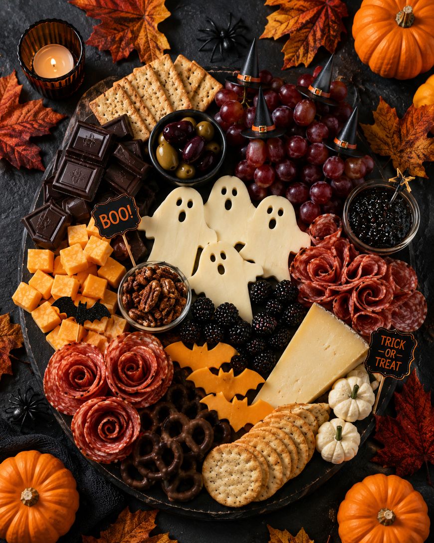 A Halloween-themed charcuterie board with ghost-shaped cheese, meats, crackers, chocolate, fruit, nuts, and festive decorations, surrounded by mini pumpkins and autumn leaves.