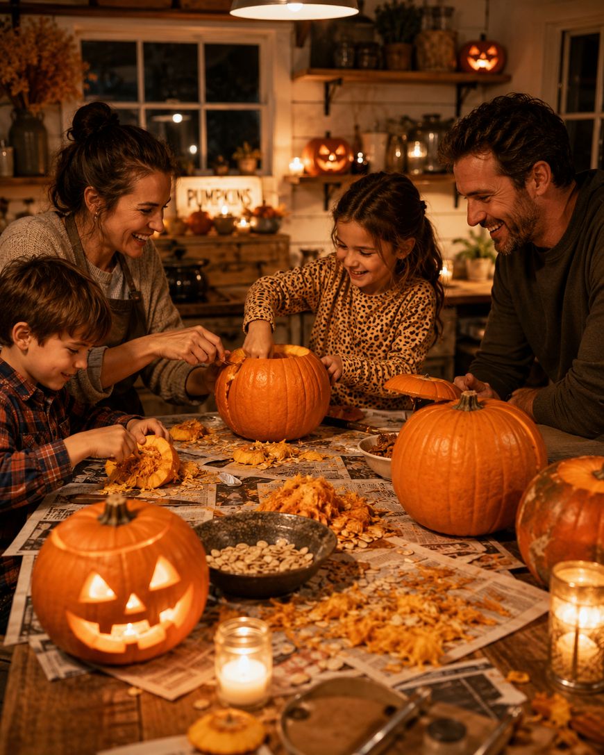 A family of four carves pumpkins together at a cozy table covered with newspapers and pumpkin seeds, surrounded by lit candles and Halloween decorations in a warmly lit kitchen.