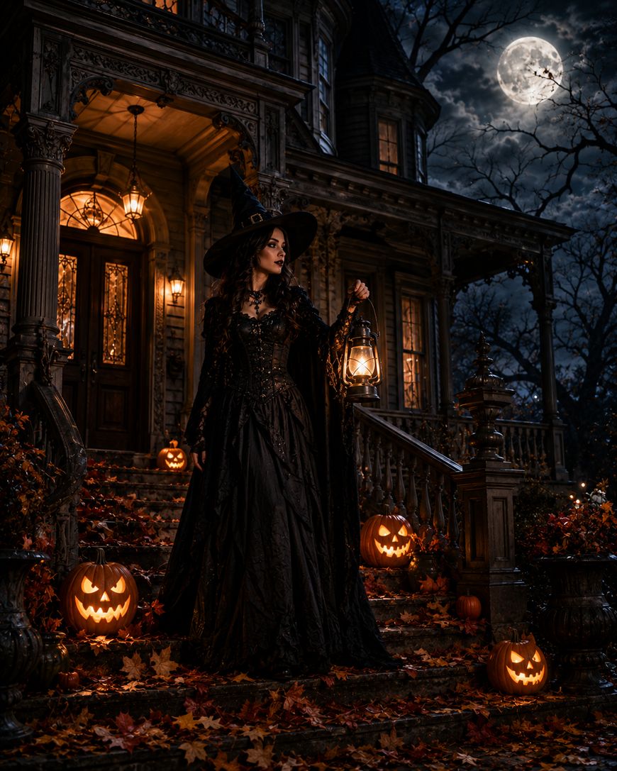 A woman in a black witch costume holds a lantern on steps decorated with glowing jack-o-lanterns, autumn leaves, and a spooky house under a full moon.