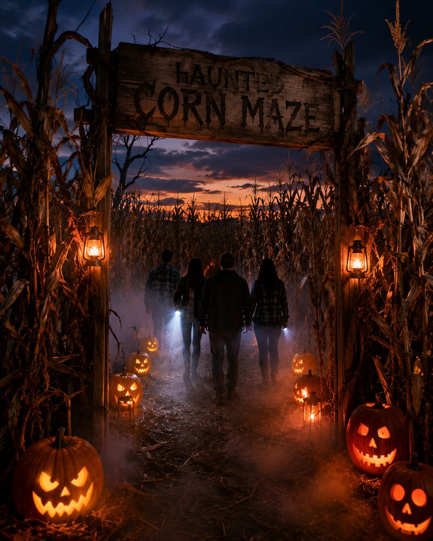 Four people walk into a haunted corn maze at dusk, surrounded by carved, glowing jack-o-lanterns and lanterns, with mist and tall cornstalks creating a spooky atmosphere.