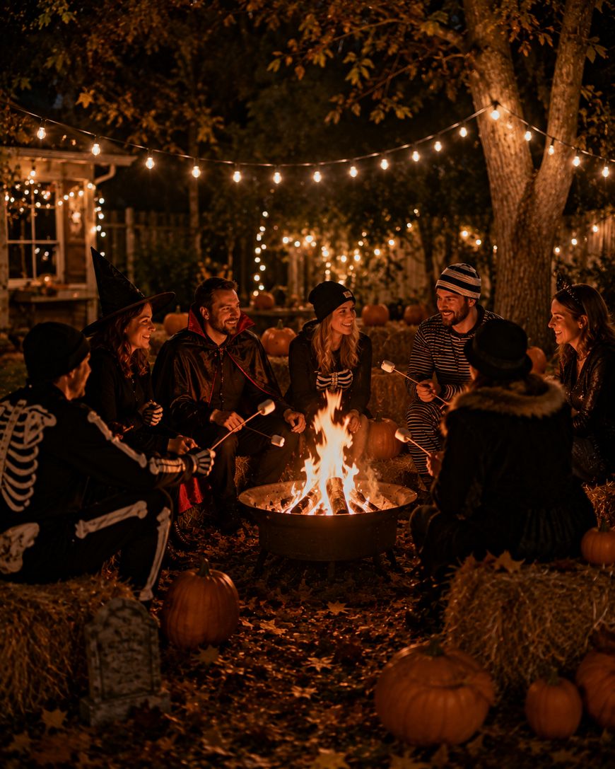 A group of people in Halloween costumes sit around a fire pit, roasting marshmallows, with string lights and pumpkins decorating the autumn night scene.