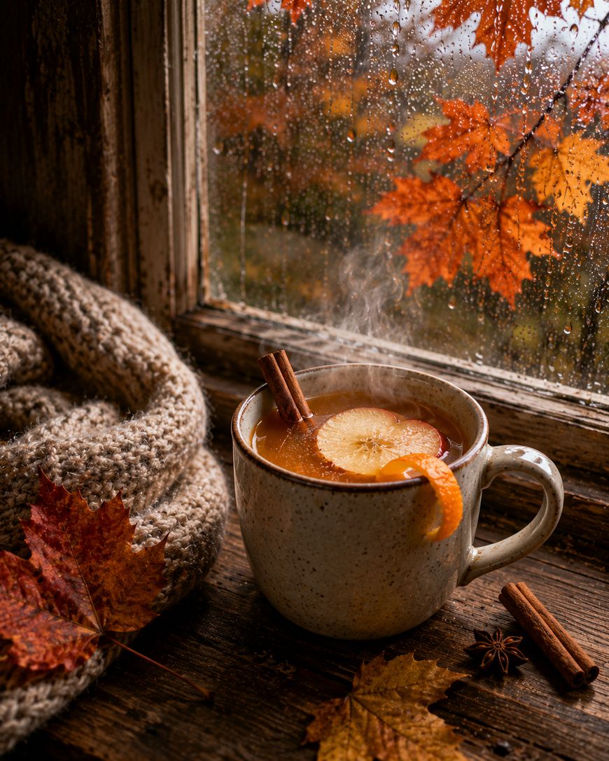 A steaming mug with apple slices and cinnamon sticks sits by a rainy window, surrounded by autumn leaves, a knitted blanket, and star anise, capturing a cozy fall atmosphere.