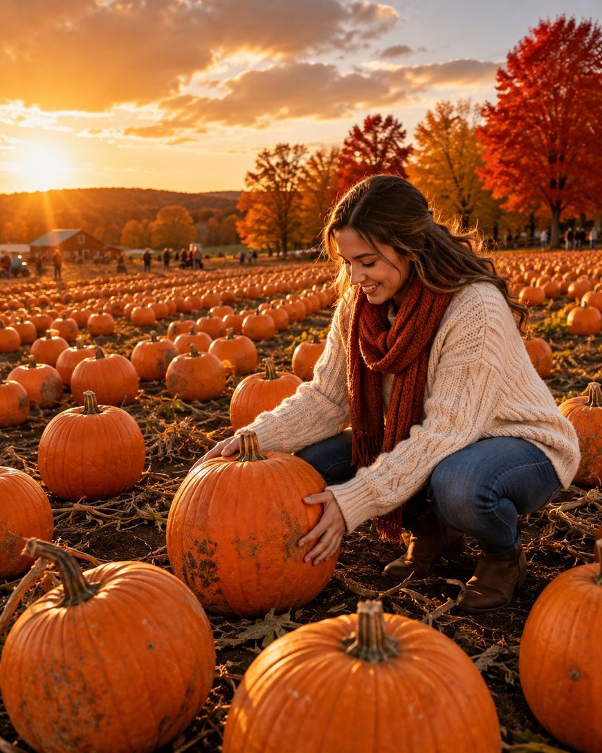 A woman in a sweater and scarf smiles as she kneels among pumpkins in a large pumpkin patch at sunset, surrounded by autumn trees with colorful leaves.