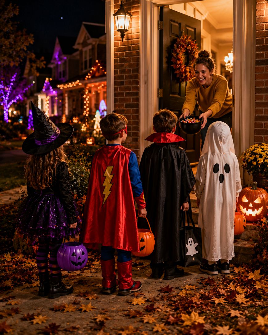 Four children in Halloween costumes trick-or-treat at a house at night. A woman at the door hands out candy. The yard is decorated with pumpkins and autumn leaves, and houses in the background have purple and orange lights.