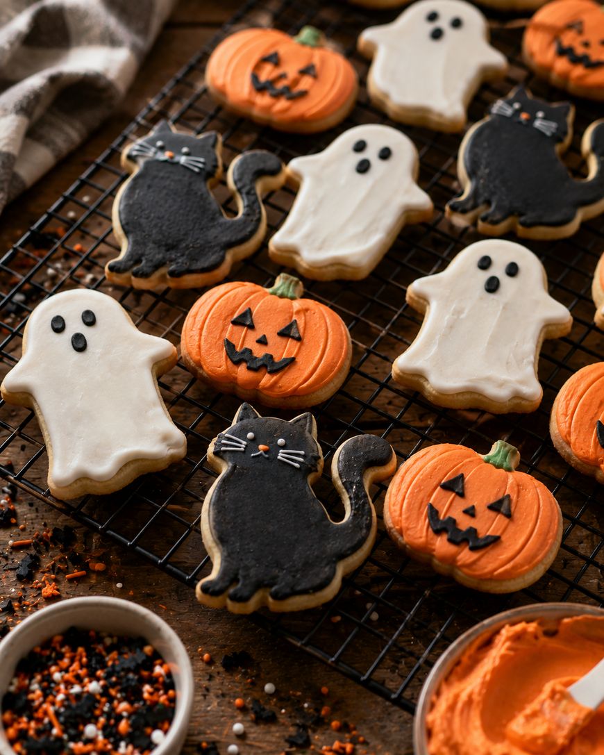Halloween cookies shaped like ghosts, pumpkins, and black cats are decorated with icing and arranged on a cooling rack. A bowl of orange frosting and a bowl of sprinkles are nearby on a wooden table.