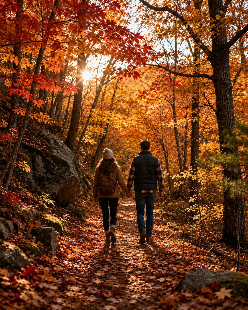 A couple walks hand-in-hand down a leaf-covered path in a forest with colorful autumn leaves, sunlight shining through the trees.