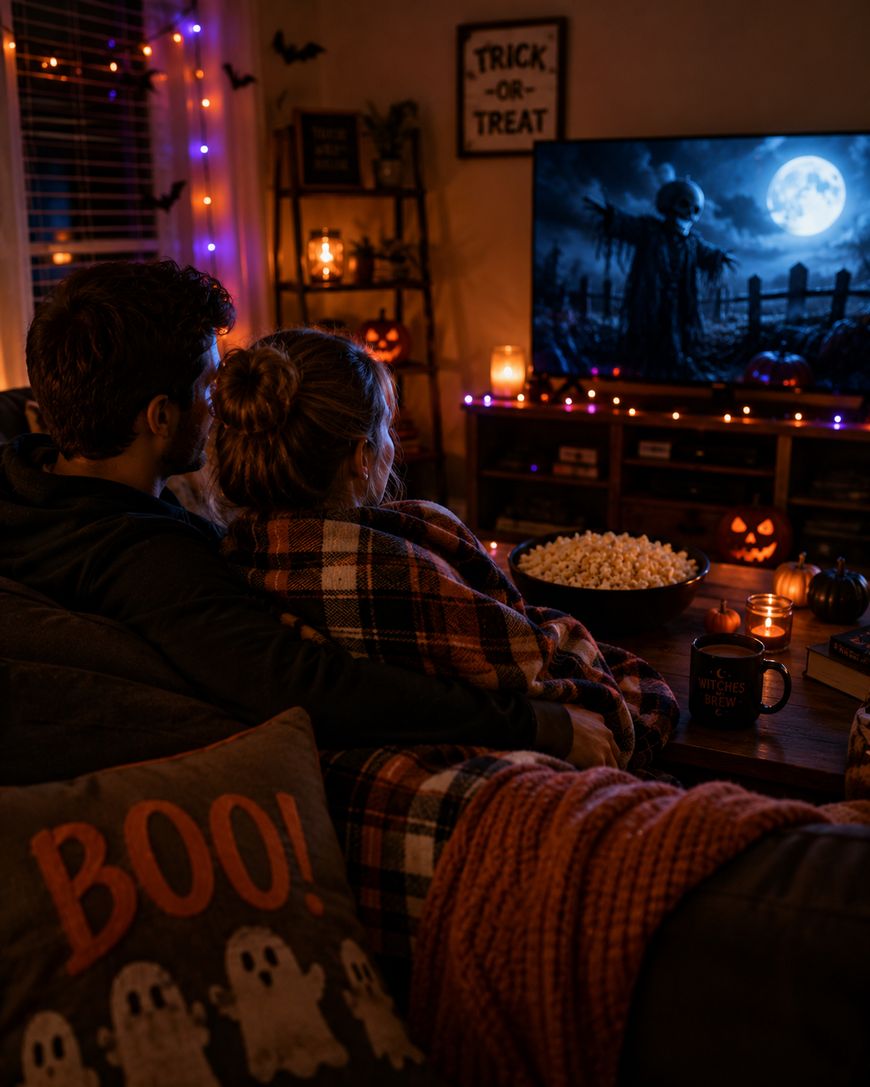 A couple sits on a couch under a plaid blanket, watching a spooky movie on TV. Halloween decor, string lights, candles, popcorn, and mugs create a cozy, festive atmosphere. A “Boo!” pillow is in the foreground.
