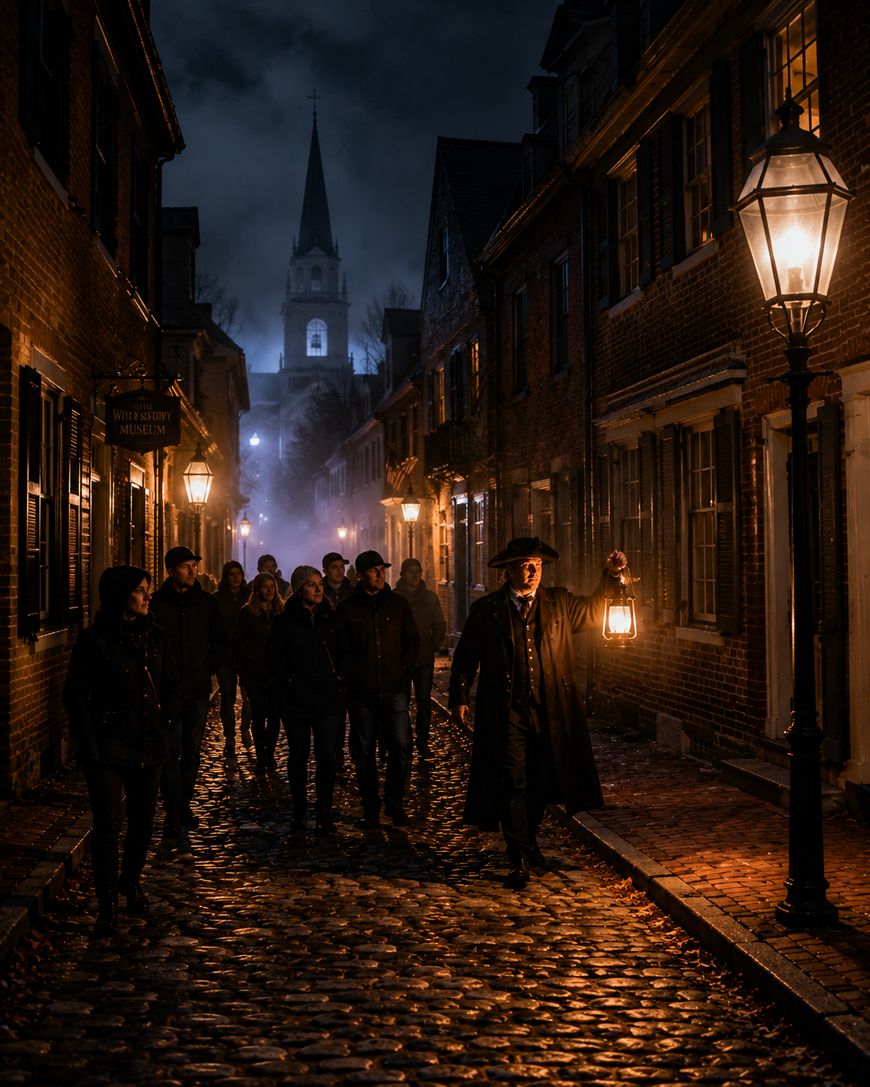 A guide in a dark coat leads a group with a lantern down a cobblestone street at night, historic buildings line the way, and a church steeple rises in the misty background under streetlamps.
