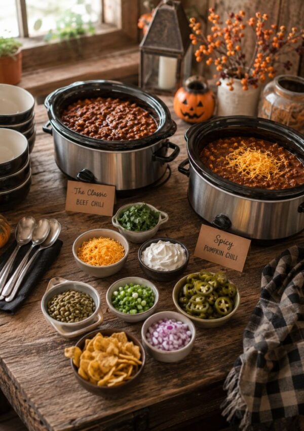 Two slow cookers hold beef chili and spicy pumpkin chili on a rustic table, surrounded by bowls of toppings: cheese, sour cream, onions, jalapeños, tortilla chips, green onions, pepitas, and fresh herbs.