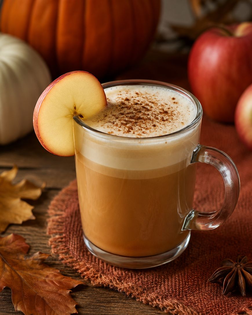 Glass mug of frothy apple cider latte garnished with a fresh apple slice, surrounded by pumpkins, apples, autumn leaves, and a piece of star anise on a rustic wooden table.