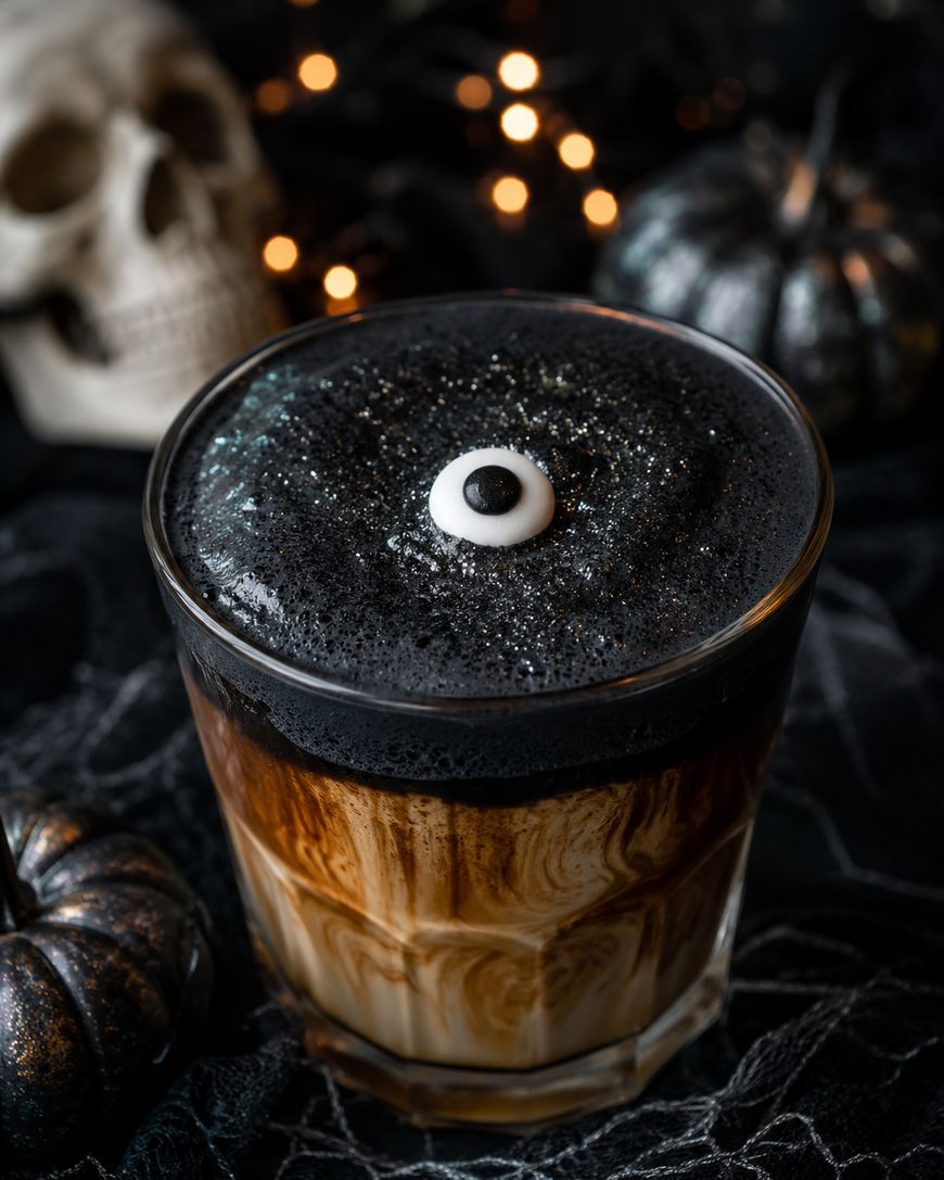 A spooky Halloween drink with swirling black and brown layers, topped with black foam and a candy eyeball. Decorative pumpkins, a skull, and string lights are in the blurred background.