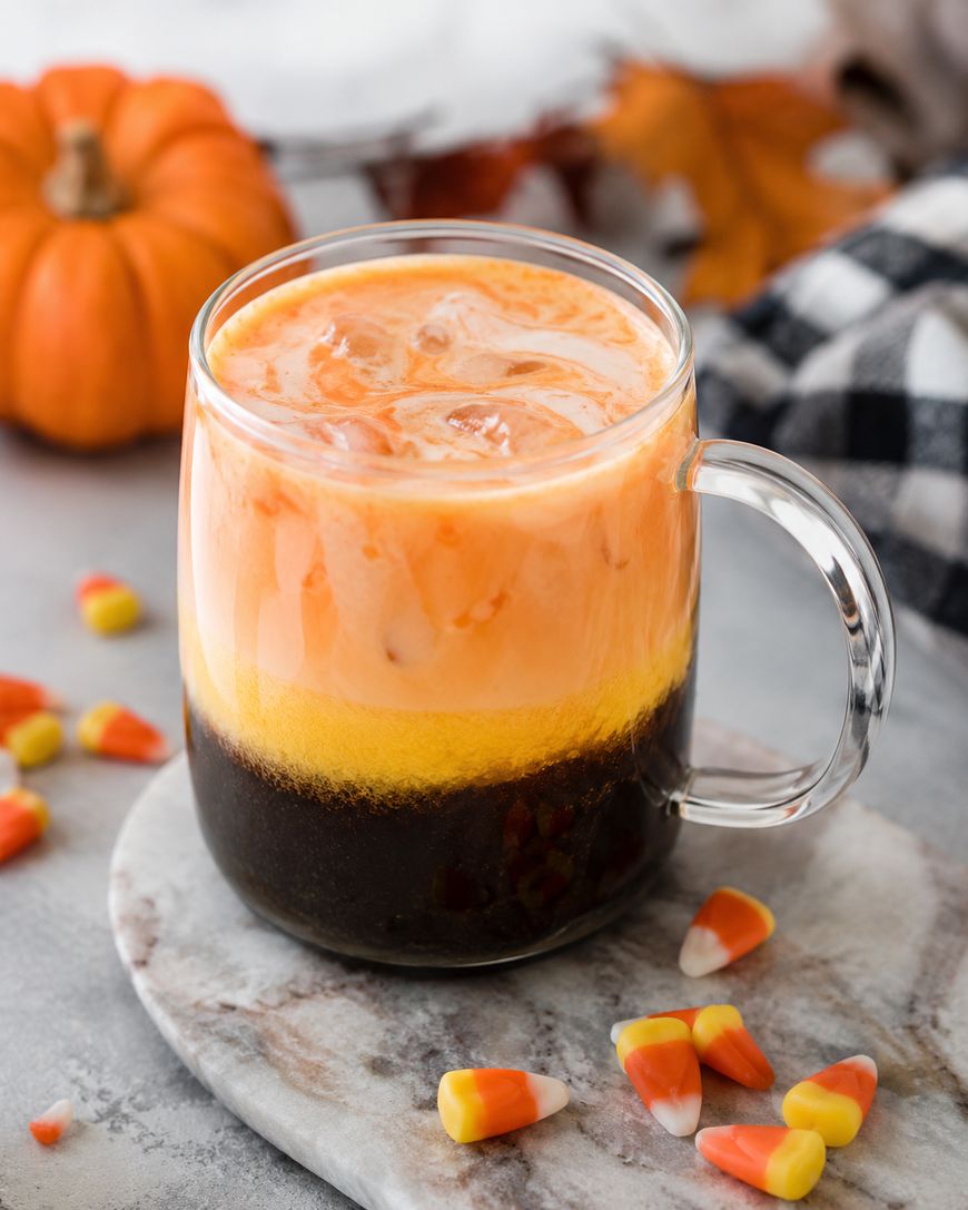 A glass mug with a layered orange, yellow, and dark brown iced drink sits on a marble board, surrounded by candy corn, a pumpkin, and autumn leaves in the background.