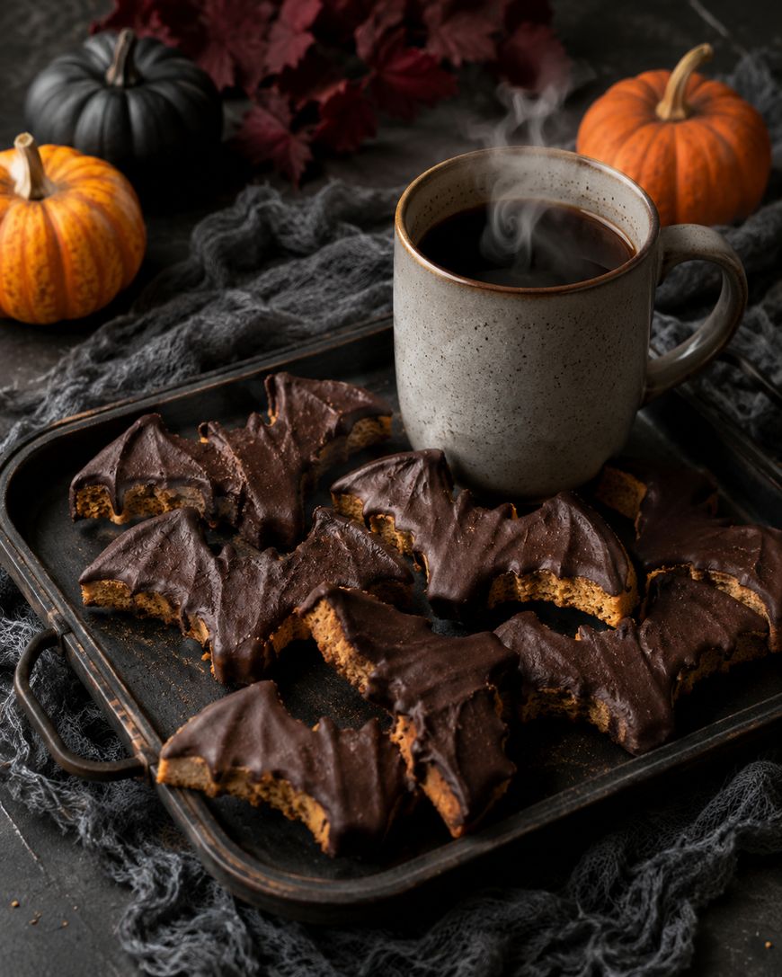 A tray of bat-shaped chocolate cookies surrounds a steaming mug of coffee. Small pumpkins, dark fabric, and autumn leaves complete the Halloween-themed scene.