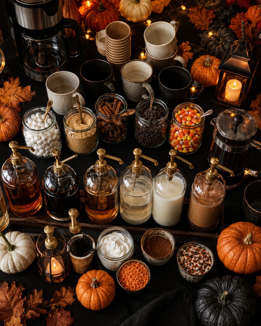 Autumn-themed coffee bar with mugs, syrup bottles, toppings, candy corn, pumpkins, coffee makers, and decorative leaves on a dark table, surrounded by candles and cozy fall decorations.