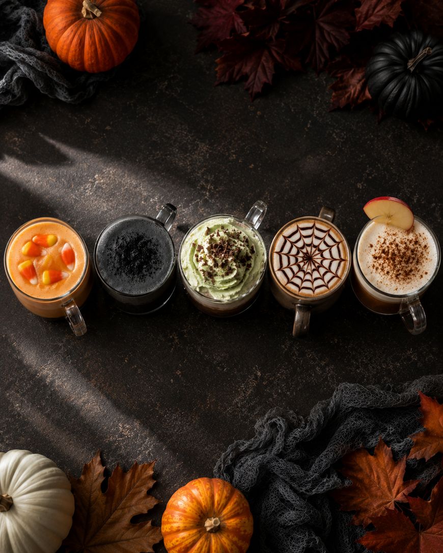 Five autumn-themed drinks in clear mugs, each with unique toppings, are arranged in a row on a dark surface surrounded by small pumpkins and fall leaves.