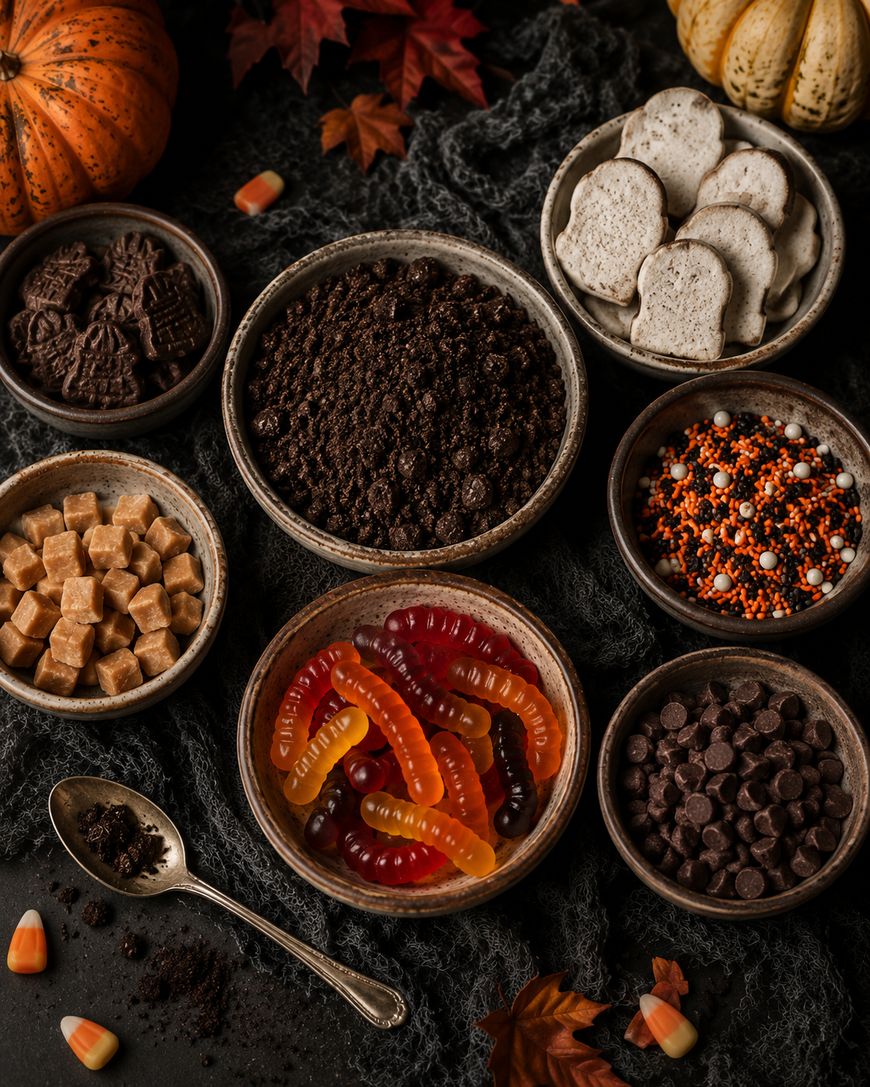 Several bowls filled with Halloween-themed treats: chocolate cookies, crushed cookies, bread shaped like ghosts, orange and black sprinkles, cubed caramel, gummy worms, and chocolate chips. Pumpkins and candy corn are also visible.