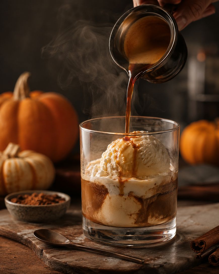 A hand pours espresso over a scoop of vanilla ice cream in a glass, creating an affogato. Pumpkins and a bowl of spices are in the background, evoking a cozy autumn atmosphere.