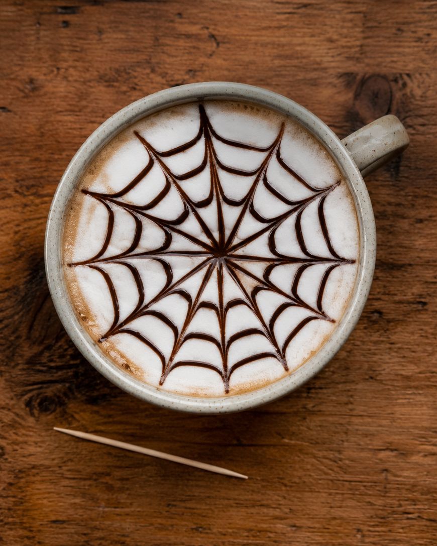 A cup of latte with a spiderweb design made from chocolate syrup on the frothy surface, placed on a wooden table with a toothpick nearby.