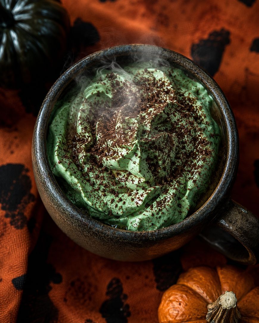 A mug filled with green whipped cream topped with cocoa powder, steaming on an orange cloth with black patterns, with two small pumpkins nearby.