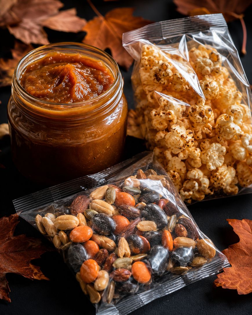 A jar of pumpkin butter sits next to bags of seasoned popcorn and assorted nuts, surrounded by autumn leaves on a dark surface.