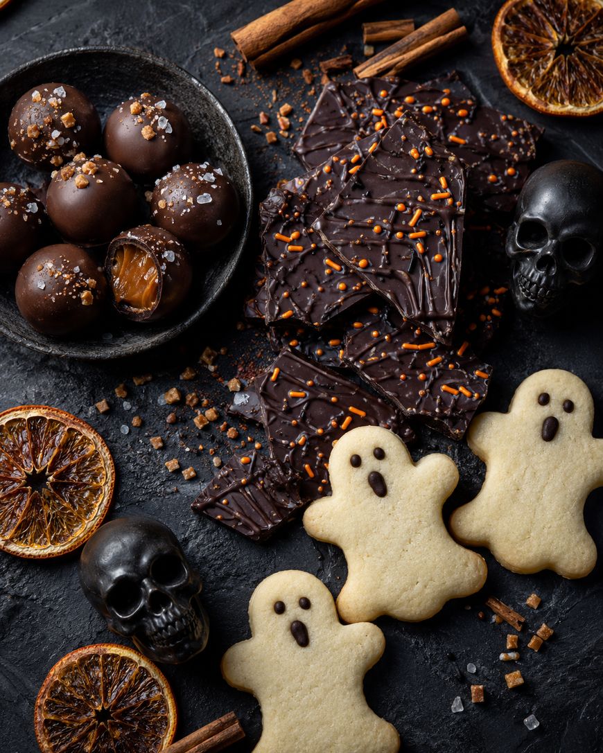 Halloween treats on a dark surface: three ghost-shaped cookies, chocolate truffles, chocolate bark with orange sprinkles, dried orange slices, cinnamon sticks, and small black skull decorations.