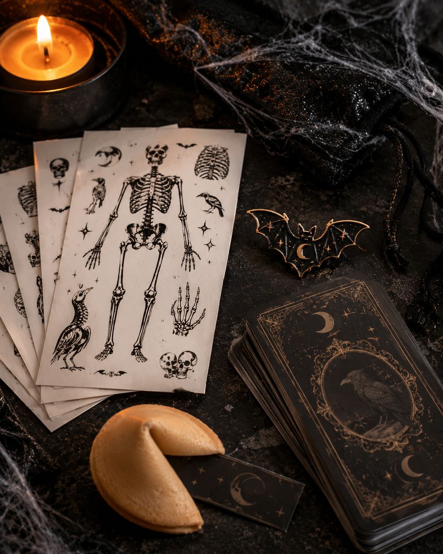 Tarot cards, skeleton drawings, a fortune cookie, a black bat pin, a lit candle, and a black velvet pouch are arranged on a dark table decorated with cobwebs, creating a mystical, spooky atmosphere.