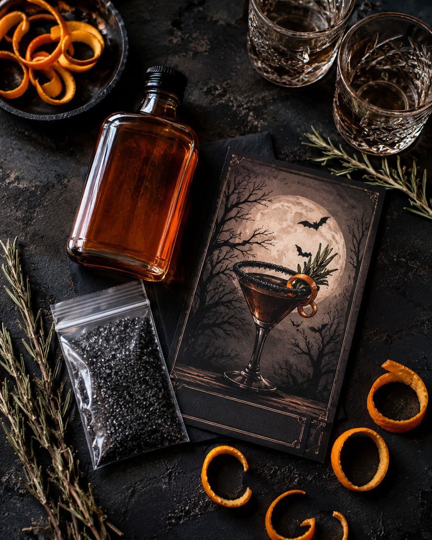 A bottle of liquor, two glasses, orange peels, rosemary, a packet of black seeds, and a card with a moonlit cocktail illustration are arranged on a dark textured surface.