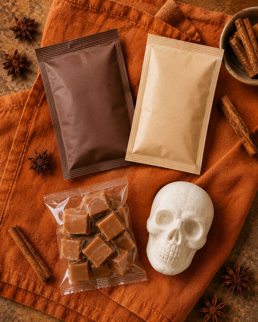 Two sealed packets, a plastic bag of caramel candies, a white skull-shaped ornament, star anise, and cinnamon sticks arranged on an orange cloth.