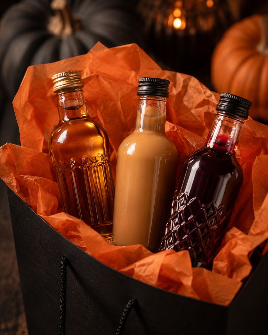 Three glass bottles with different colored liquids—amber, creamy beige, and deep red—nestled in orange tissue paper inside a black gift bag. Pumpkins and warm lighting create an autumnal, festive atmosphere in the background.