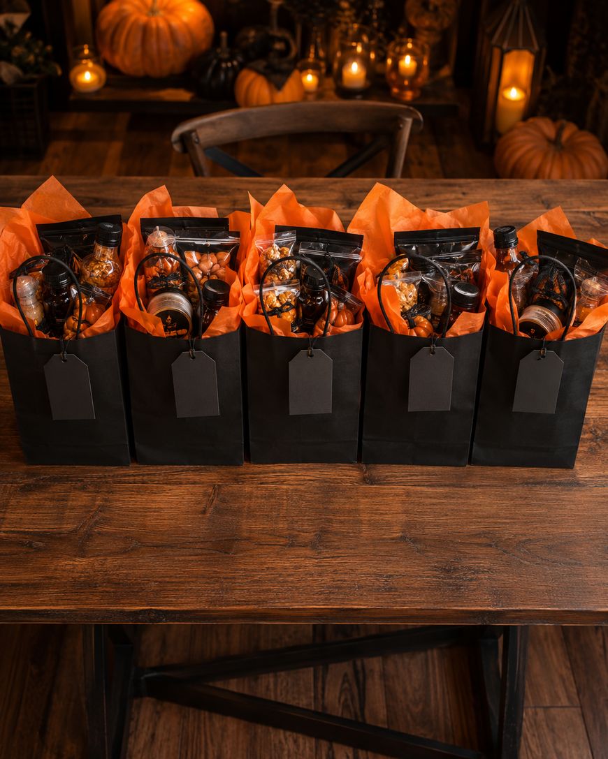 Five black gift bags with blank tags, filled with orange tissue paper and assorted treats, are lined up on a wooden table. Halloween pumpkins and festive decorations are in the background.
