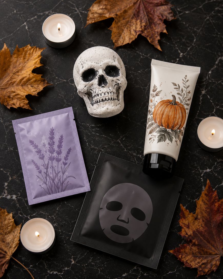 Skincare products, a skull, tea light candles, and autumn leaves arranged on a black marble surface. One product features a pumpkin design and another has lavender. A black face mask packet is also included.