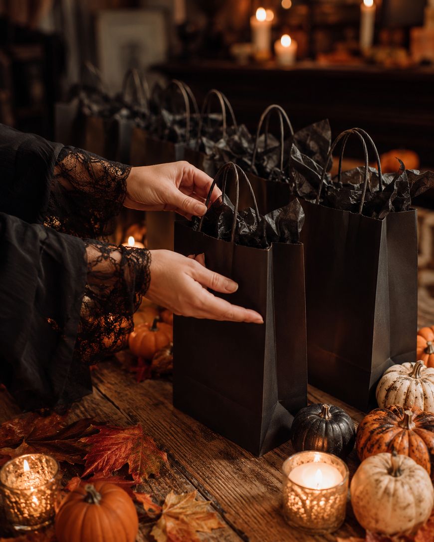 A person arranges black gift bags with tissue paper on a wooden table decorated with mini pumpkins, autumn leaves, and lit candles.