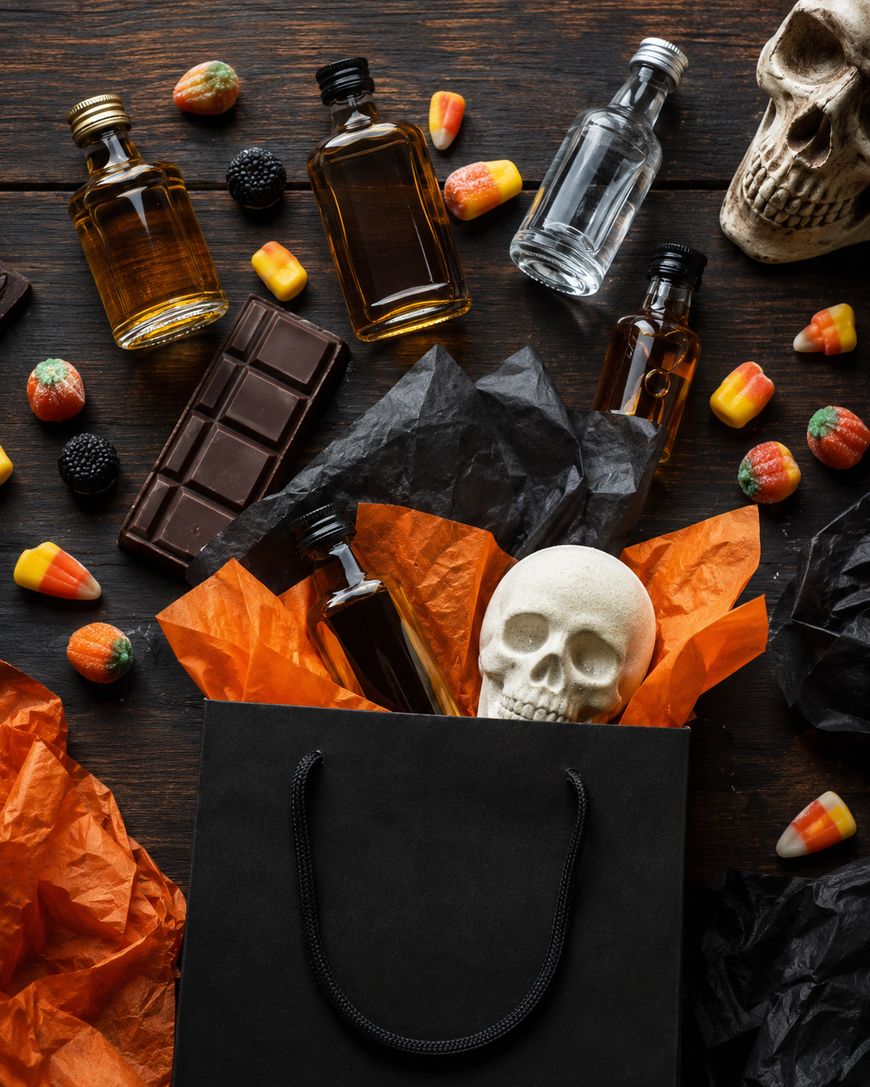 Halloween-themed flat lay with mini liquor bottles, chocolate, candy corn, a fake skull, and a black gift bag filled with orange and black tissue paper on a wooden surface.