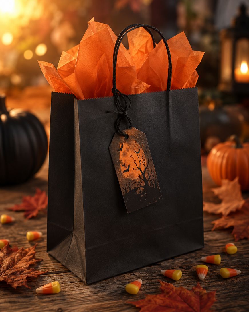 A black gift bag with orange tissue paper sits on a wooden table surrounded by candy corn, autumn leaves, pumpkins, and a lantern. A Halloween-themed tag with bats and a tree hangs from the bag’s handle.