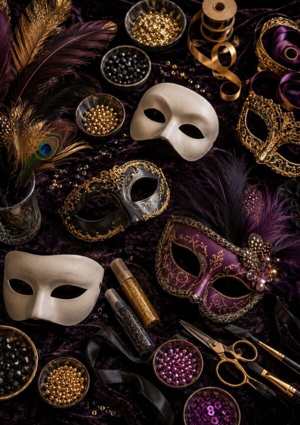 Decorative Venetian masks, gold and purple beads, feathers, ribbons, scissors, and vials of glitter arranged on a dark velvet fabric evoke a festive masquerade or carnival theme—perfect inspiration for unique Halloween party ideas or glamorous party themes.