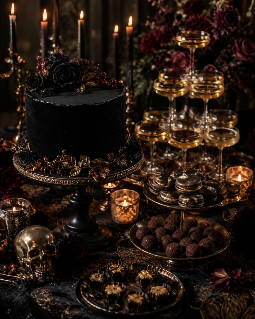 A dark, elegant table setting features a black cake with gold accents, gold-rimmed glasses, chocolates, macarons, candles, and a gold skull, creating a luxurious, gothic aesthetic.