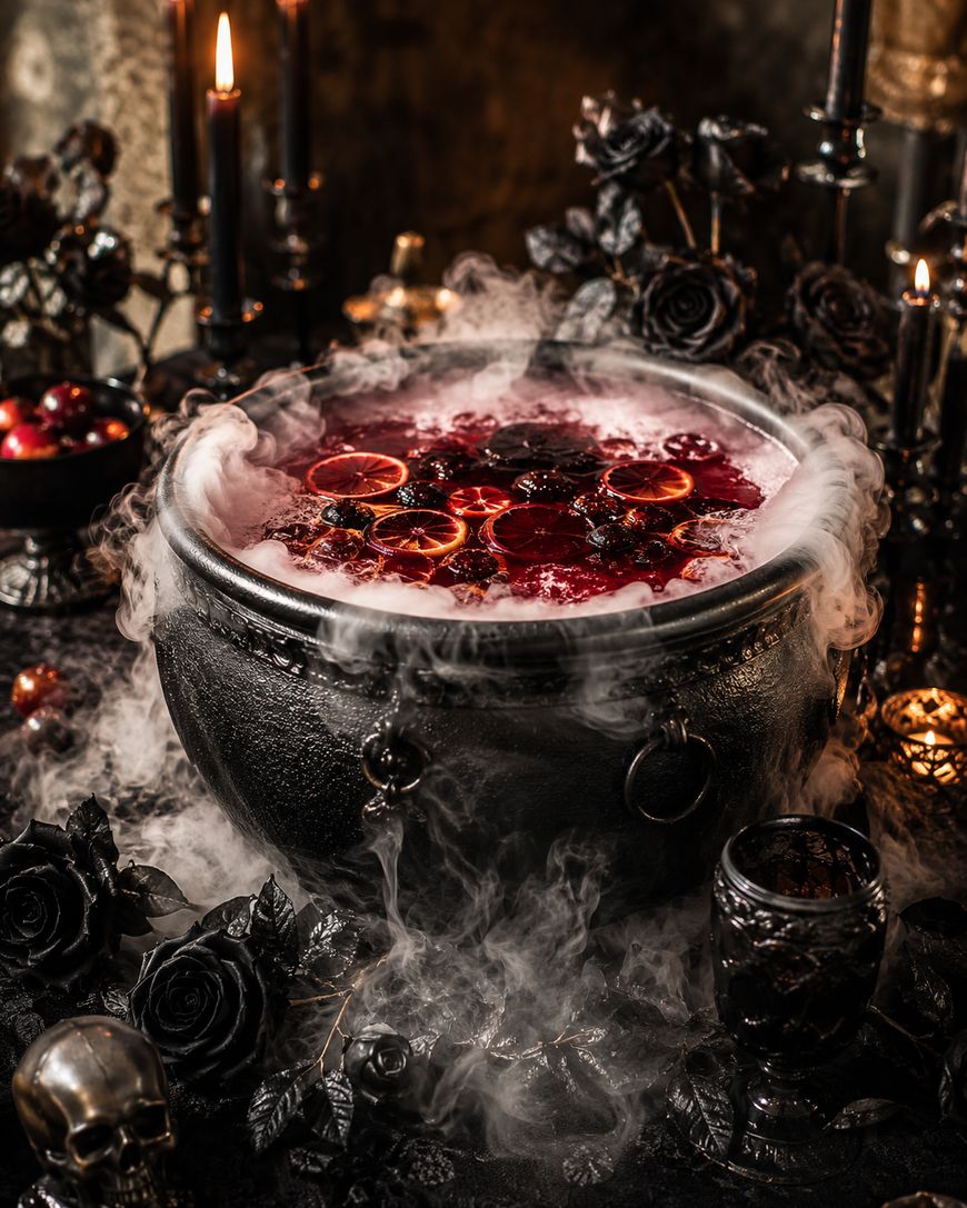 A black cauldron filled with dark red punch, citrus slices, and berries, surrounded by smoke, black candles, black roses, a skull, and gothic decor, creating a spooky, mysterious atmosphere.